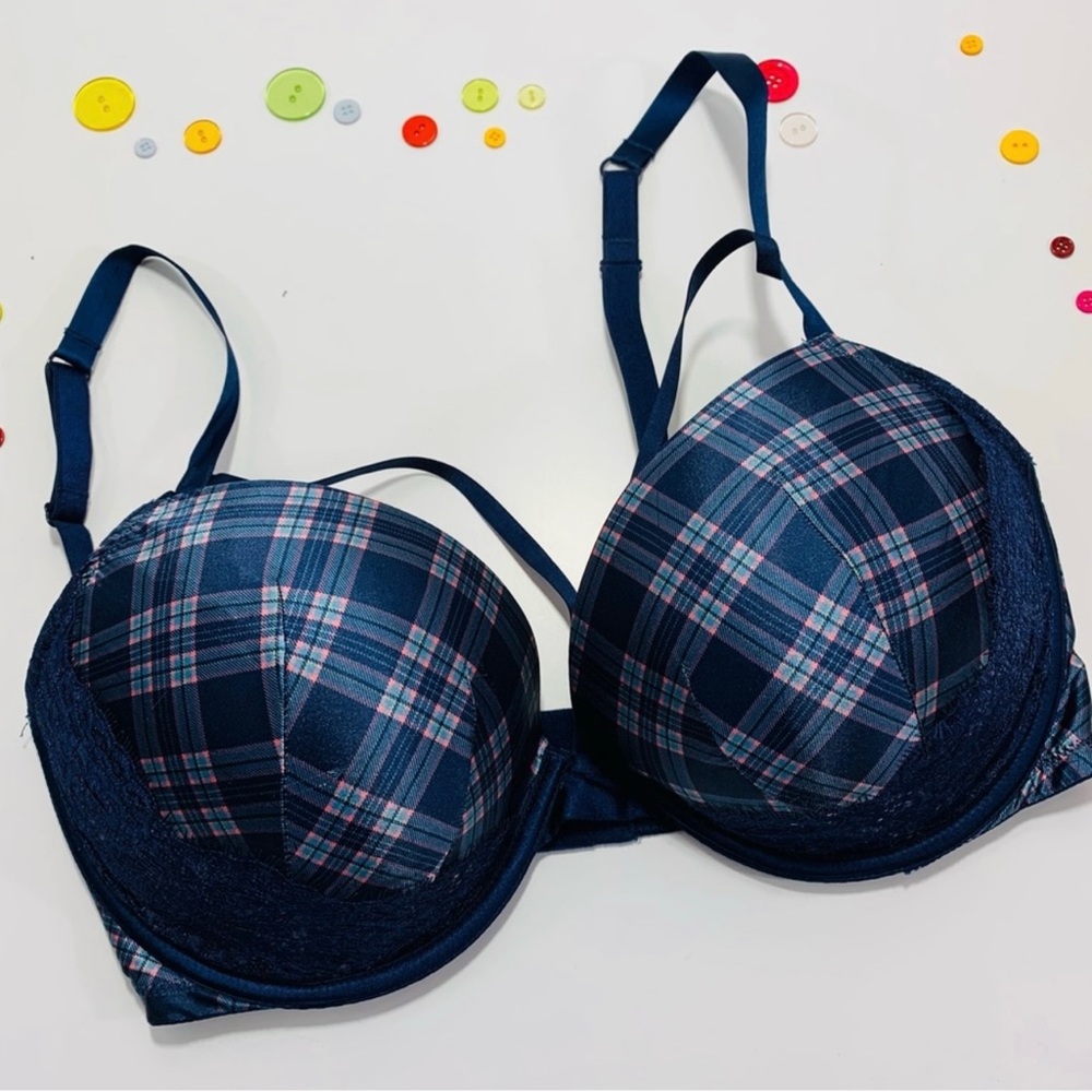 Victoria's Secret Very Sexy Blue Plaid with Lace Padded Push-Up Underwire Bra